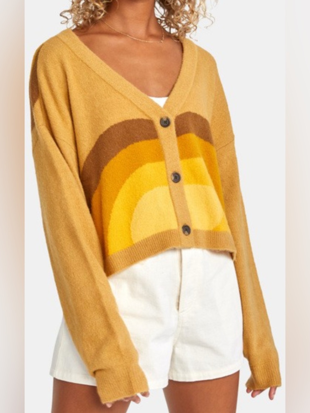 RVCA Dana Trippe Pioneer Cardigan Mustard Rainbow Cropped Women’s M